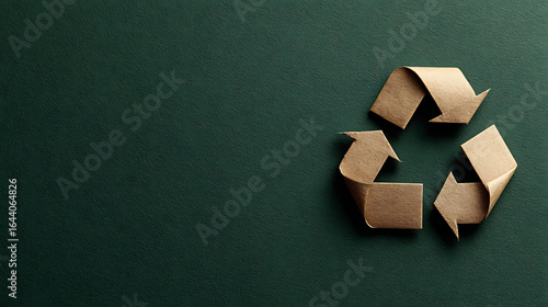 Brown paper recycling symbol on dark green textured background image