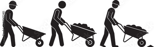 Three silhouettes of a worker pushing a wheelbarrow with load