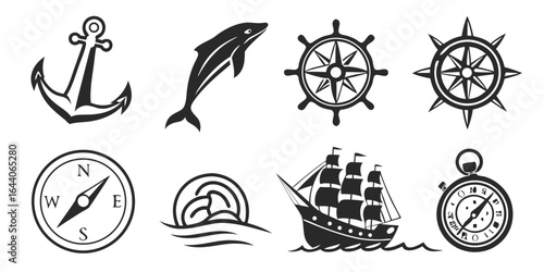 Nautical symbols and icons isolated on white background