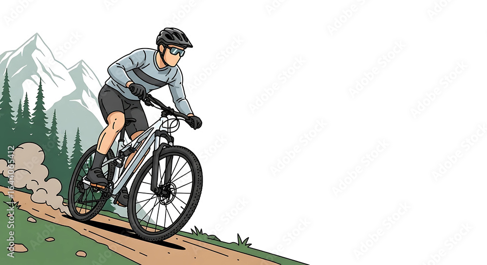 Obraz premium A mountain biker descends a rocky trail amidst a scenic landscape, showcasing an active lifestyle and the thrill of outdoor adventures with mountains and forests in the backdrop