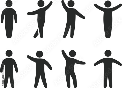 Simple human figure icons in dancing and moving poses, minimal stickman silhouettes for motion, gesture, or body language vector illustration