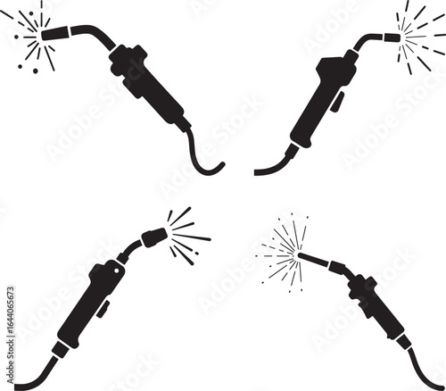 Four black silhouettes of welding torches with sparks on white background