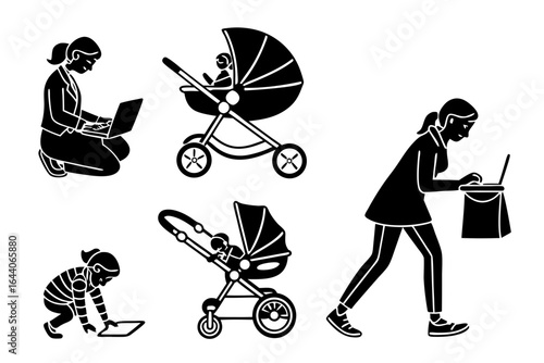 Woman multitasking with baby and laptop, isolated on white background