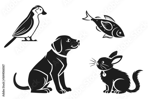 Collection of dog, bird, fish and rabbit silhouettes isolated on white background