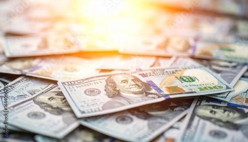 Stacks of crisp hundred-dollar bills bundled in yellow bands, arranged in rows