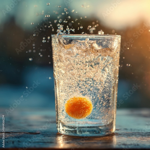 Water splashing around egg yolk in clear glass during sunset