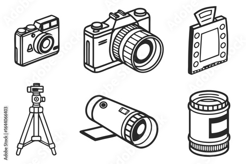 Set of photography and cinematography equipment isolated on white background