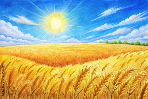 Golden wheat field under bright summer sun, blue sky horizon, rural countryside beauty, harvest season
