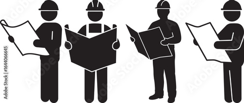 Four construction workers in hard hats reviewing blueprints and plans silhouette