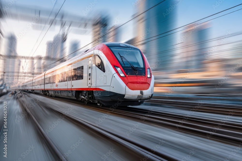 Fototapeta premium Electric passenger red gray train drives at high speed among urban landscape. Modern high speed commuter train on the railway station and colorful sky at sunset in Europe. Railroad background
