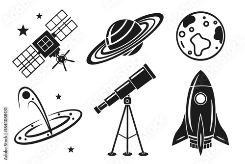 Space icons set with satellite, planets, moon, telescope and rocket isolated on white background