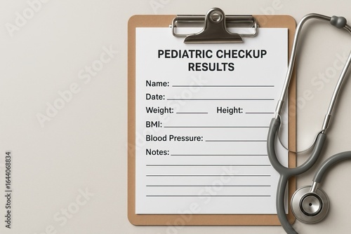 children health report concept. A pediatric checkup results form with blank fields, accompanied by a stethoscope, indicating a health assessment for children.