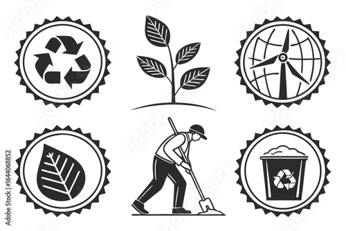 Set of ecofriendly icons including recycling, plant, and wind turbine