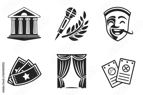 Collection of theater and performance icons isolated on white background