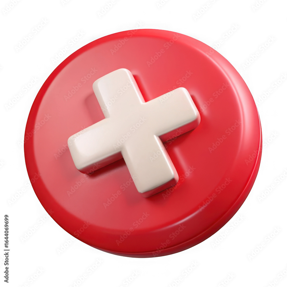 Obraz premium 3d red button with white plus symbol isolated on transparent background