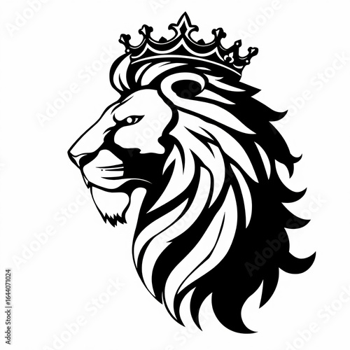 A black and white illustration of a lion head wearing a crown on a white background