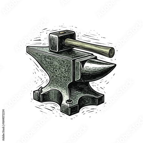 Robust Anvil and Heavy Hammer Art. Vintage illustration of a sturdy blacksmith's forge tools. Represents power, skill, and creative transformation through diligent effort.