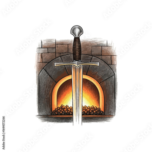 Forged Blade by Fiery Hearth. A mighty broadsword stands before a luminous brick furnace. This compelling artwork symbolizes strength, craftsmanship, and the power of transformation.
