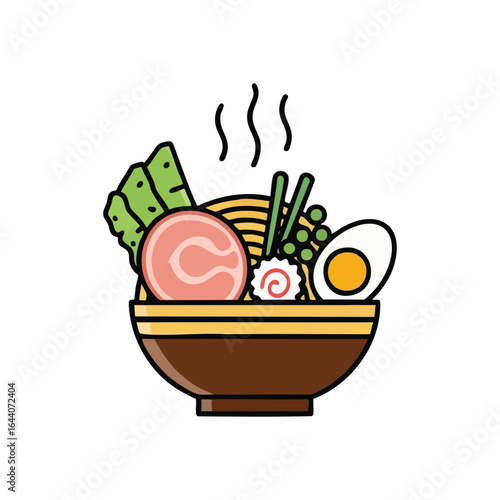 Steaming Hot Ramen Noodle Bowl. This appetizing Japanese soup features savory broth, char siu pork, a soft egg, and vegetables. It symbolizes warmth, comfort, and authentic Asian culinary art.