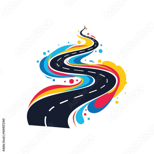Dynamic Creative Road Flow. A twisting thoroughfare surrounded by bright artistic waves, representing a forward-moving expedition or imaginative progress.