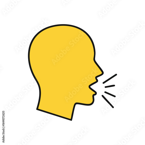 Vocal Expression Silhouette. A vivid yellow profile emits sound waves, symbolizing verbal discourse, public address, conveying thoughts, or announcing significant news.