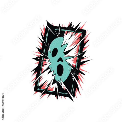 Screaming Face Breaks Through Glass. A vibrant character's terrified visage bursts from a reflective surface. This dramatic illustration depicts profound shock or a sudden revelation.