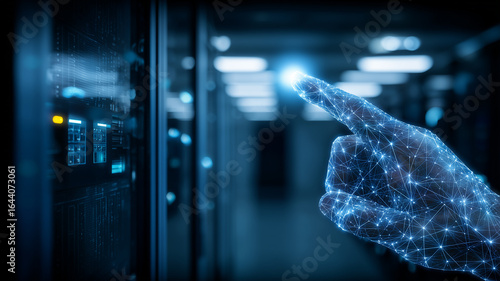 Networked Digital Hand touching a server cabinet interface.
Signals human in the loop operations, secure control, and intelligent infrastructure management.