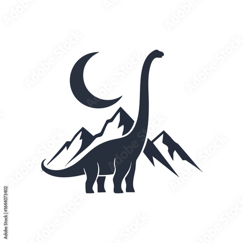 Dinosaur Mountain Moon Silhouette. Majestic ancient beast stands before peaks and a celestial crescent. Evokes a sense of primal wonder, tranquility, and untamed nature.