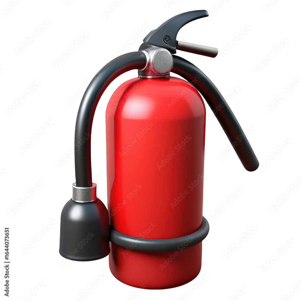 Naklejka premium 3d red fire extinguisher with black hose isolated on transparent background