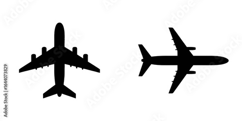 Silhouette of passenger airplanes from top and side view isolated on white background vector