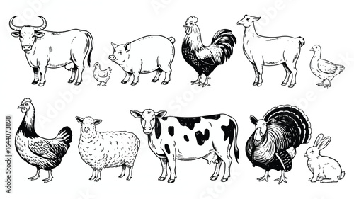 Farm animal vector illustration including cow pig chicken rooster goat duck hen sheep bunny and turkey offering diversity and rustic appeal for designs
