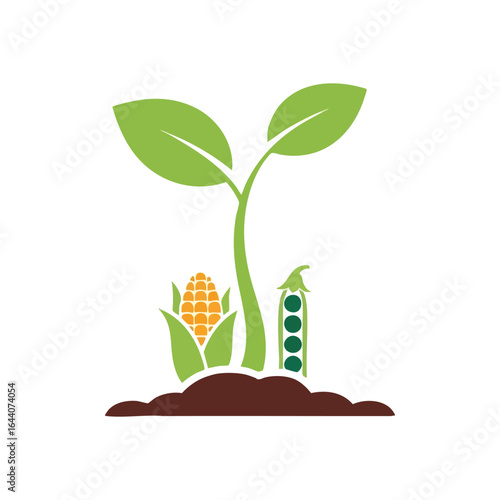 Green Sprout Abundant Harvest. A vibrant sapling emerges from fertile earth, flanked by golden maize and fresh shelled pods. It symbolizes organic farming and future food security.
