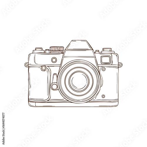Vintage Camera Line Art Drawing. Elegant hand-drawn outline of a classic photographic device on a dark backdrop. Symbolizes capturing moments and artistic vision.