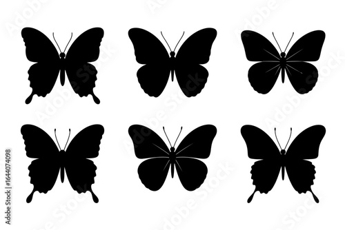 Black butterfly silhouettes collection featuring variety of wing shapes in symmetrical design art
