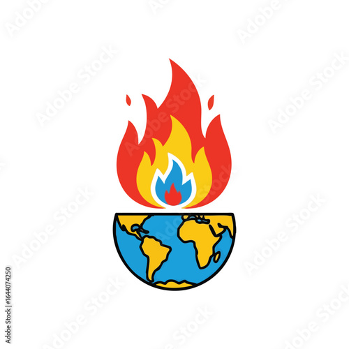 World on Fire Climate Crisis. An impactful illustration showing our globe in fiery distress. This visual represents the pressing ecological emergency and planetary heating.