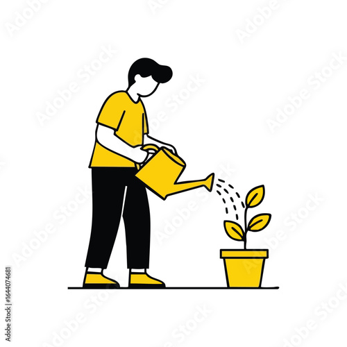 Caring for Green Growth. A stylized illustration shows an individual diligently hydrating a thriving plant, symbolizing nurture, development, and fresh beginnings.
