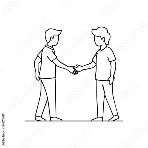 Agreement Handshake Illustration. This minimalist graphic depicts two individuals sealing a deal. It symbolizes partnership, trust, and successful collaboration, perfect for diverse concepts.