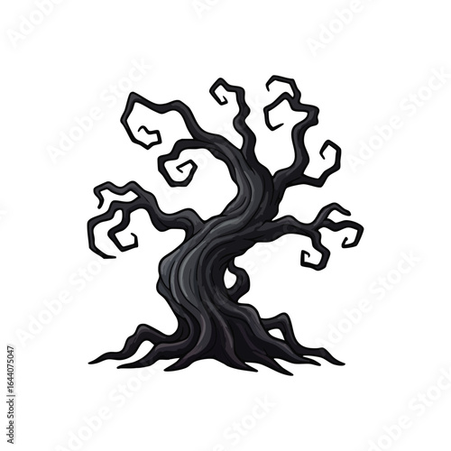 Haunted Spooky Tree Cartoon. A creepy gnarled plant illustration evokes eerie fantasy and foreboding. Perfect for Halloween, horror, or whimsical designs.