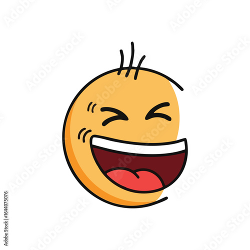 Joyful Cartoon Laughing Face Icon. A cheerful yellow character bursts with mirth, eyes closed, mouth wide open in boisterous guffaws. This doodle symbolizes happiness, amusement, and humor.