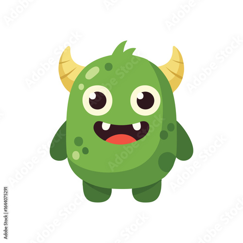 Cute Green Cartoon Monster Character. This adorable emerald creature with playful horns and a wide grin brings joy. Ideal for children's designs, apps, or game elements.