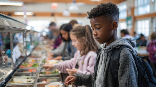 A young black boy with curly hair selects food at a cafeteria. Nearby, a girl with long brown hair is also choosing her meal. The setting is busy and bright.