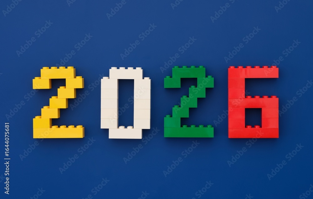 Fototapeta premium Tambov, Russian Federation - October 13, 2024 Numbers 2026 made by Lego bricks on a blue background.