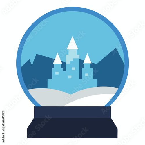 Winter snow globe with castle and mountains