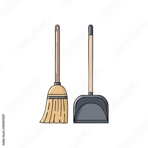 Broom and Dustpan Cleaning Tools. The image shows a classic sweeping instrument and a dirt scoop. It conveys tidiness and domestic upkeep, essential for a clean environment.