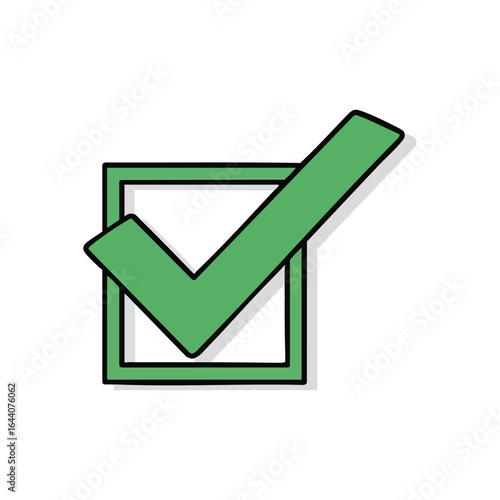 Green Check Mark Symbol Icon. A vibrant affirmative tick graphic within a square outline. Signifies task completion, correct choice, or successful validation.