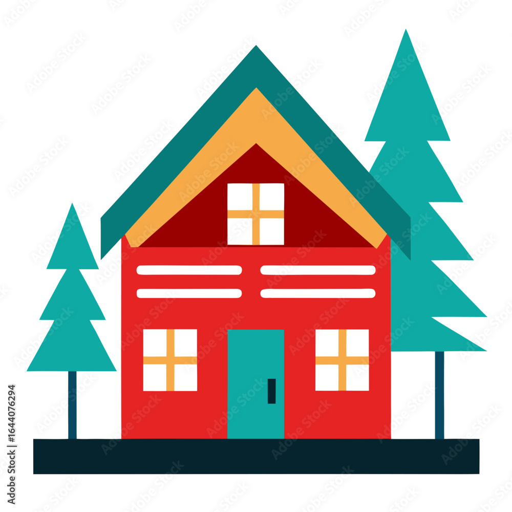 Naklejka premium Cozy red cabin surrounded by pine trees