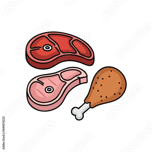 Assorted Meat Cuts and Poultry Icon. Vibrant vector illustration showcasing diverse protein sources. Features a juicy beef chop, tender pork steak, and a crispy chicken drumstick, symbolizing.