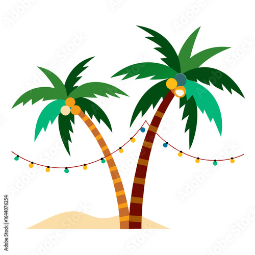 Tropical palm trees decorated with festive string lights on sandy beach