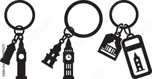 Collection of london big ben and landmark keychains in a simple black silhouette