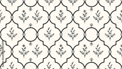 Elegant Floral Lattice Pattern Design Featuring Delicate Plant Motifs and Interlocking Geometric Shapes in a Minimalist Style